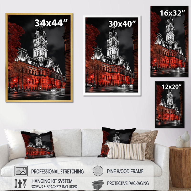 «Ylanda Red Gray Montreal Beautiful Cityscape Black», reproduction sur toile, H 20 po x l 12 po x P 1 po, Cadre flottant doré