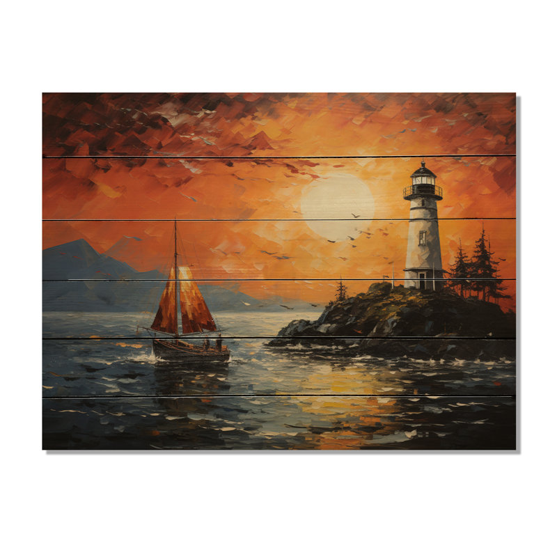 Phare guidant le pointillisme I sur bois, H 24 po x l 32 po x P 0,78 po