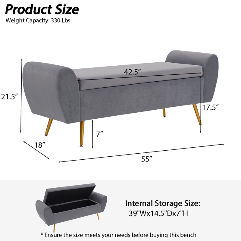 Elianna 55" Storage Bench End of Bed Ottoman for King Size Bed, Charcoal Velvet
