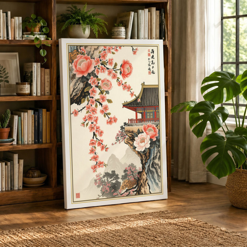 Pagoda Among Blossoms Japandi - Wrapped Canvas, 36x24 - 91.4 x 61.0 cm, Teal Border