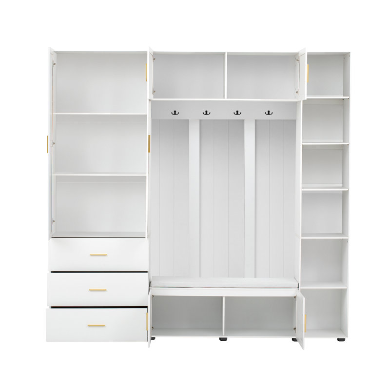 95"W Entryway Hall Tree With Multiple Storage Space, Ancient White