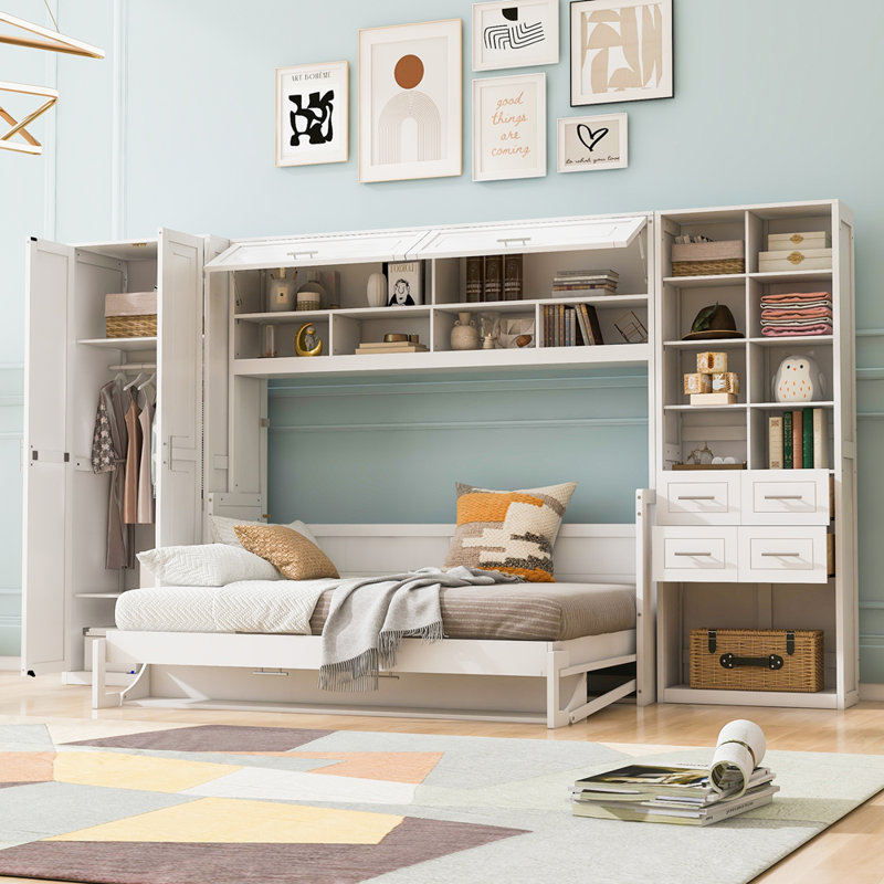 Lit escamotable mural avec placard, tiroirs et tablettes Murphy, Blanc / Blanc, Full