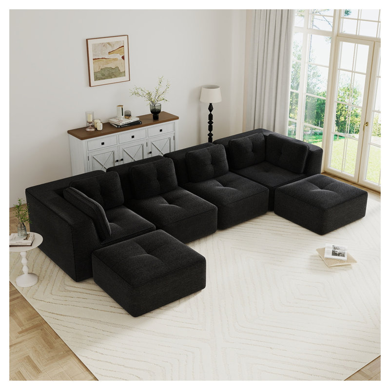 Canapé modulaire en velours côtelé 4 places avec 2 repose-pieds mobiles, aucun assemblage requis, Velours côtelé noir