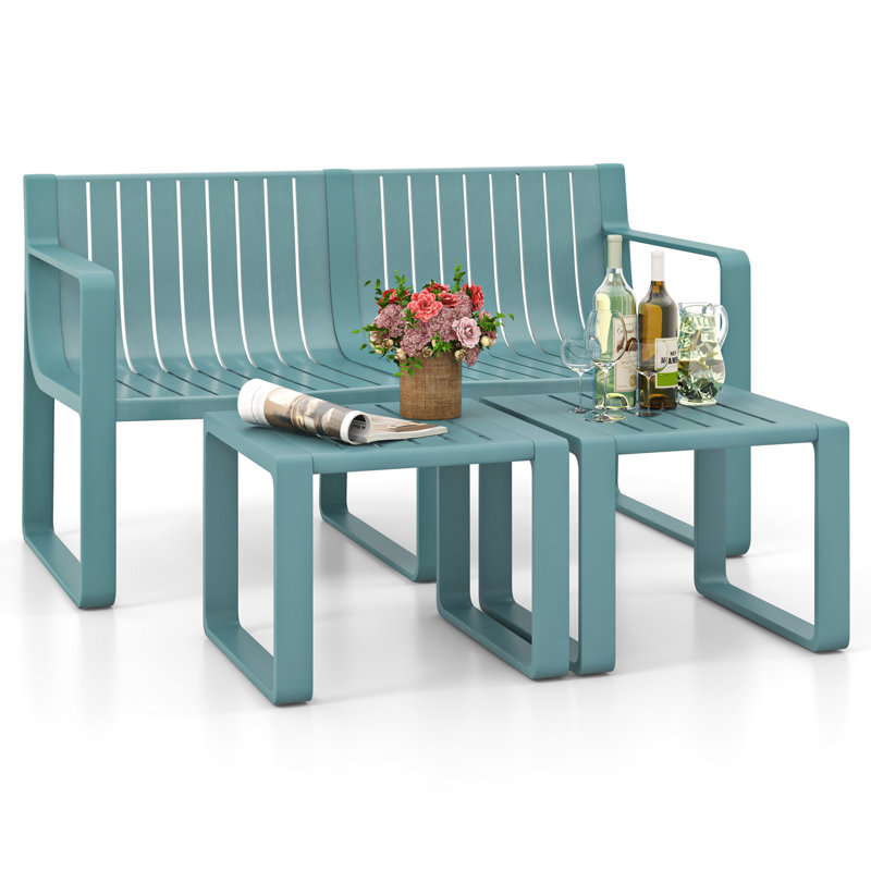 3 PCS Patio Furniture Set w/1 Loveseat & 2 Side Tables All-Weather Bistro Set Blue, Blue