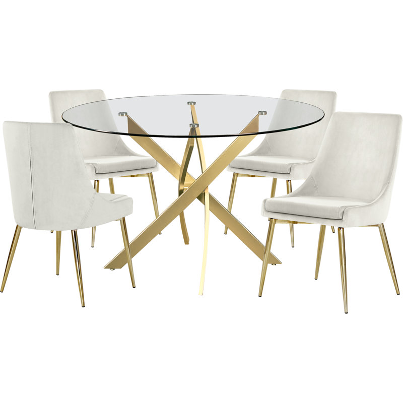 Ensemble de table de salle à manger + 4 chaises Meridian Furniture Vonda, Crème, crème, Doré