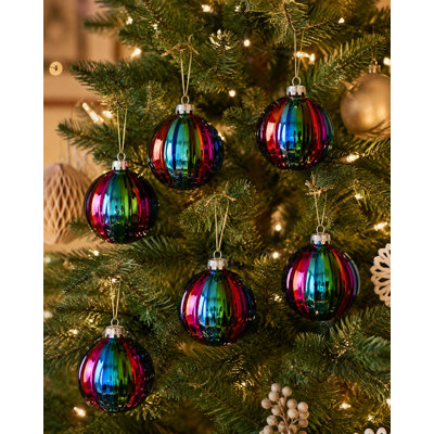 Set of 6 Glass Ribbed Baubles in Rainbow Colours