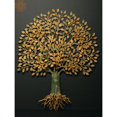 Tree of Life Metal Wall Art - 27" Large Brass Wall Hanging with Green Gold Patina Finish, Handmade Decorative Wall Sculpture Statement Piece