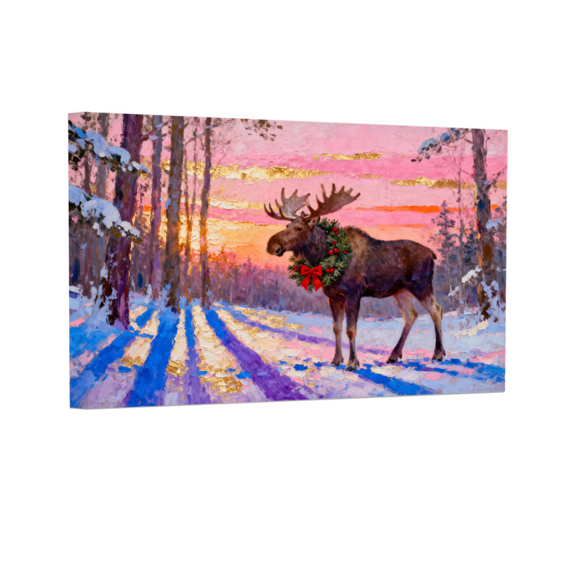 Christmas Moose With Wreath In Winter Forest Sunset, 16" H x 24" W