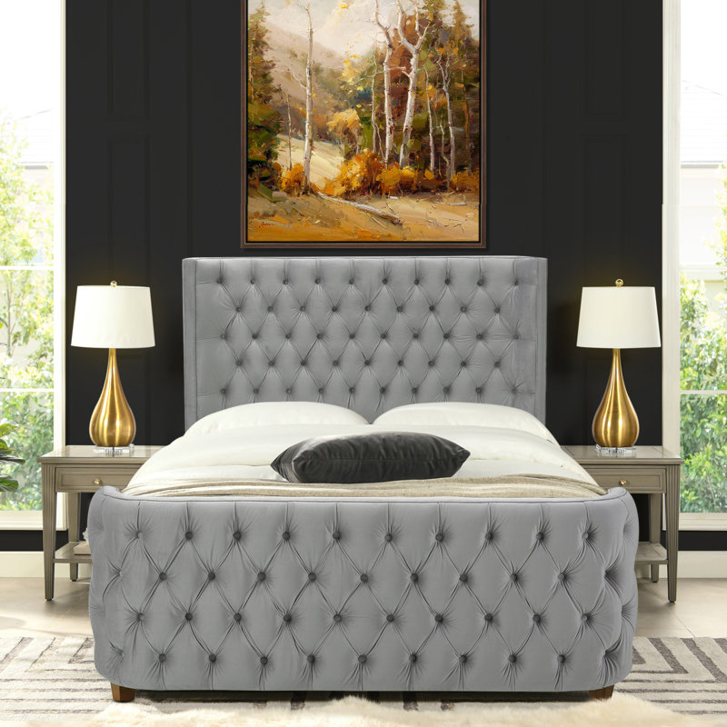 Currier Upholstered Wingback Bed, Queen, Opal Gray Velvet