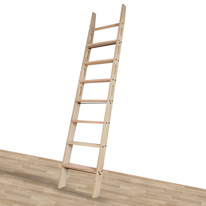 Natural Knotty Oak Wood Sliding Library Sliding Step Ladder Rolling Ladder, Ready For Painting( Unfinished ), 7.25'
