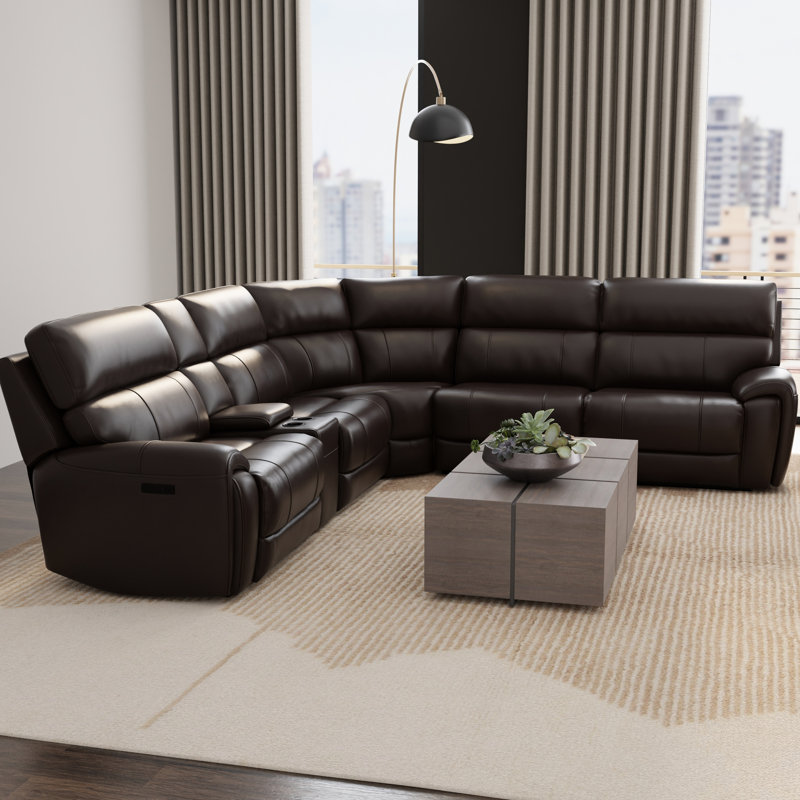 6 modulaires électriques en cuir tabac, appuis-tête, repose-pieds, charge, console multifonctionnelle, salon en forme de L avec porte-gobelets lavables amovibles, brun foncé, espace