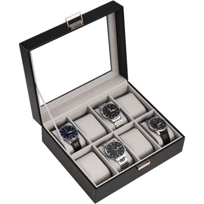 Vitrine de montre avec couvercle en verre et cuir synthétique