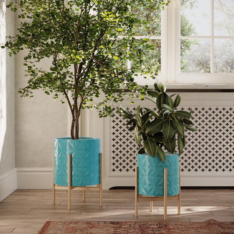 Turquoise and Gold Metal Indoor Planter Set with 4-Leg Base