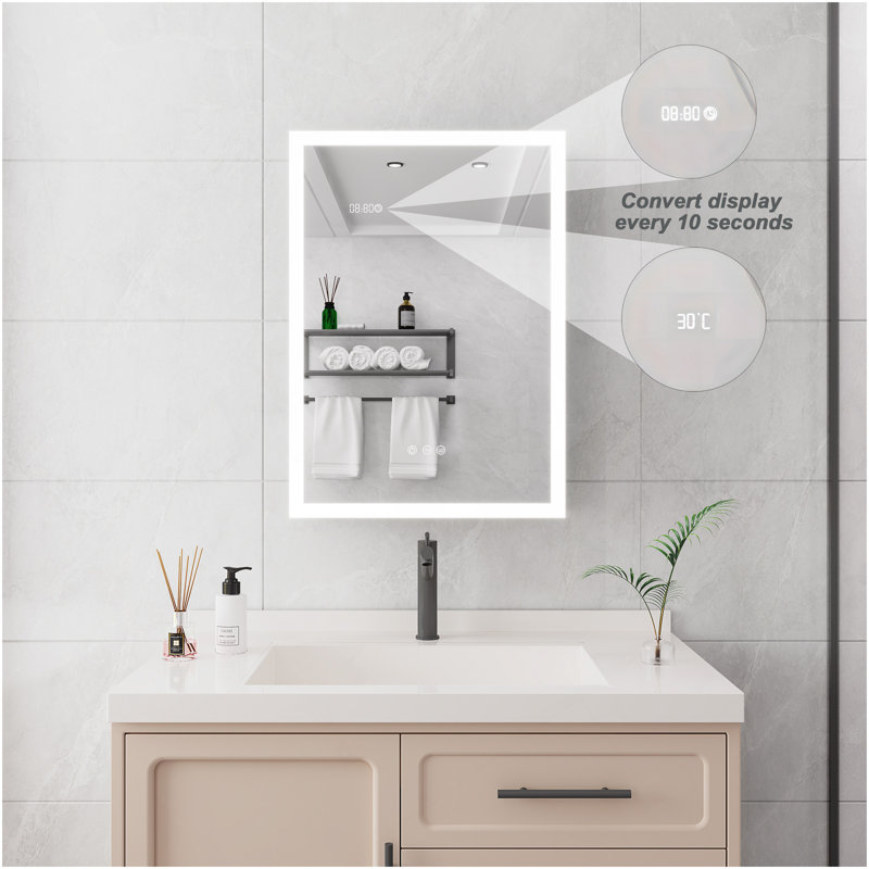 Armoire à pharmacie de salle de bain avec lumières, armoire à pharmacie DEL 28 po x 20 po avec miroir, armoire à pharmacie lumineuse avec désembueur, gradateur, horloge numérique et affichage de la température, montage en surface