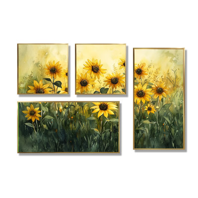 «Country Side Sunflower Golden Glow II», art mural floral 4 pièces