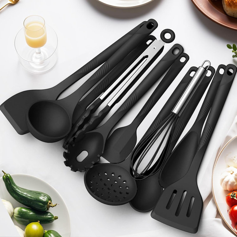 Ensemble d'ustensiles de cuisine en silicone - Résistant à la chaleur 600 ° F, ustensiles de cuisine antiadhésifs avec noyau en acier inoxydable, sans BPA, va au lave-vaisselle, noir
