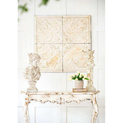 100% Fir Wood Square Wall Panels, 17.5X17.5", Distressed, White-Wash Finish, Intricate Medallion For Different Interiors 17.5X17.5" Distressed Wooden Wood, Accent Versatile Interior Styles