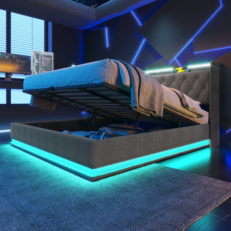Upholstered Bed, 360 Surround LED Function, Buttons/Apps/Remote Control, Hydraulic Storage Bed With USB Type-C Charging(Without Mattress)