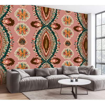 Wall Mural Peel and Stick Wallpaper Bohemian Floral Paisley Teardrop Motifs Pink Teal Warm Earth Tones Self-Adhesive Removable Contact Paper Wall Decor for Living Room Bedroom 100"H x 144"W