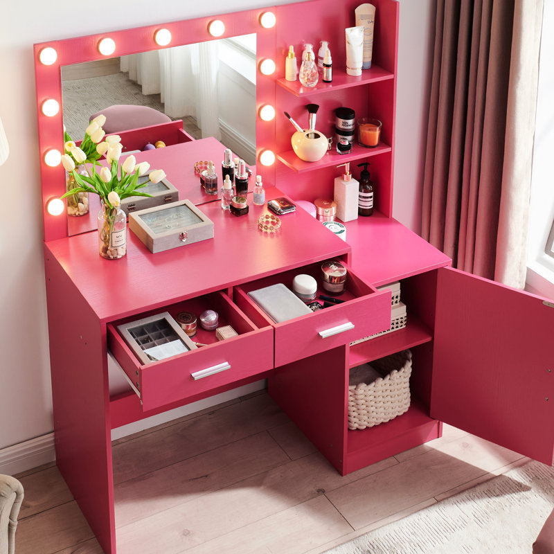 Addae 46.4In Vanity Desk With Mirror And Lights, Rose Pink Dressing Table 2 Large Drawers & Fashionable Vertical Organizer, 3 Level Dresser, Lighting Modes Adjustable Brightness For Bedroom Engaging