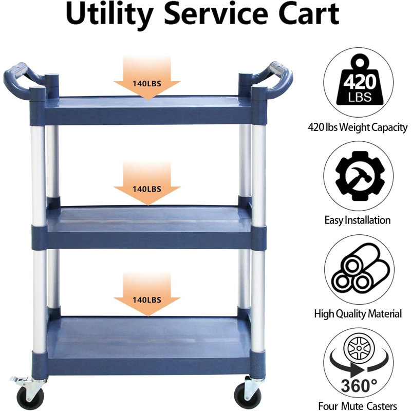 Plastic Utility Carts with Wheels, 3-Tier Restaurant Cart, Heavy Duty Rolling Cart Food Service Cart 420LBS, Bus Cart with Lockable Wheels and Rubber Hammer