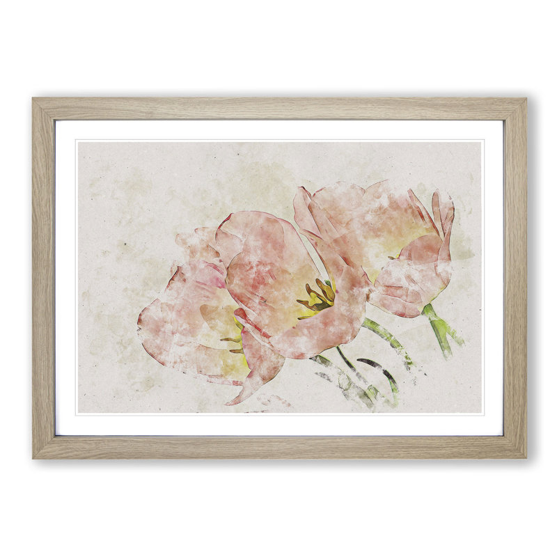 Pink Tulip Art - Picture Frame Painting Print, 62cm H x 87cm W x 2cm D, Oak Framed