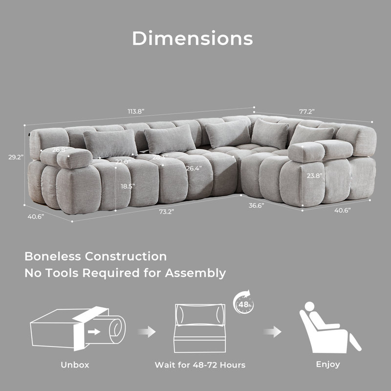 Boneless 113.8" Modular Chenille Upholstered Sectional Sofa, 4-Seater L-Shaped Reversible sofa, No Assembly Required