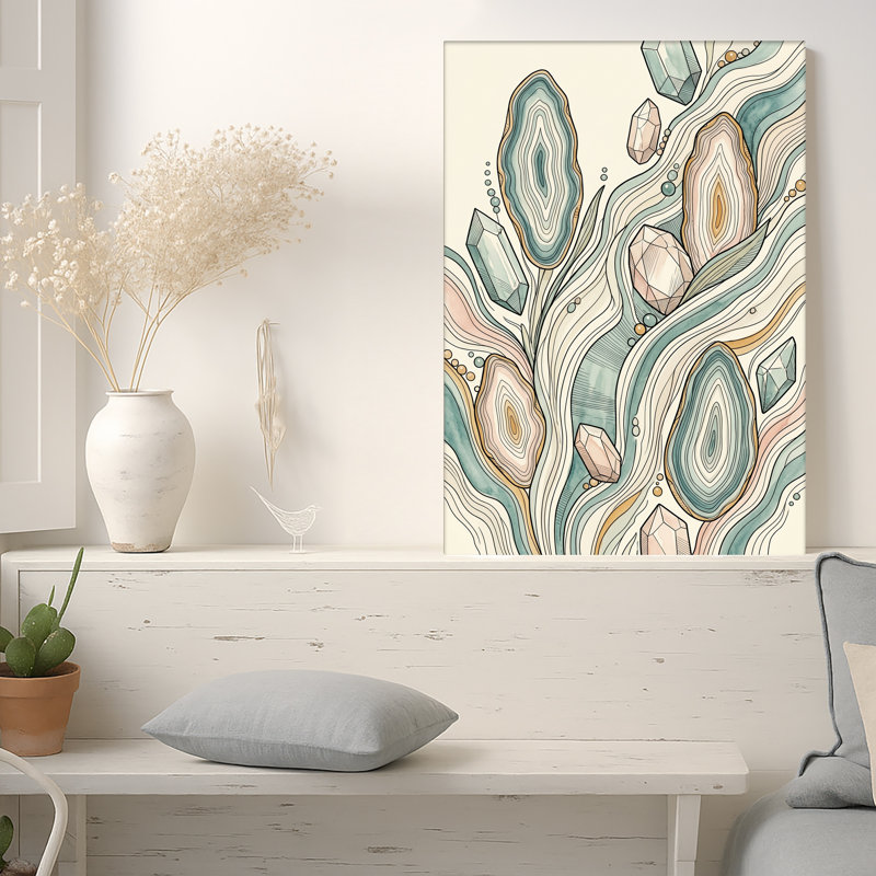 Art mural toile sarcelle et cristal rose, H 18 po x l 12 po