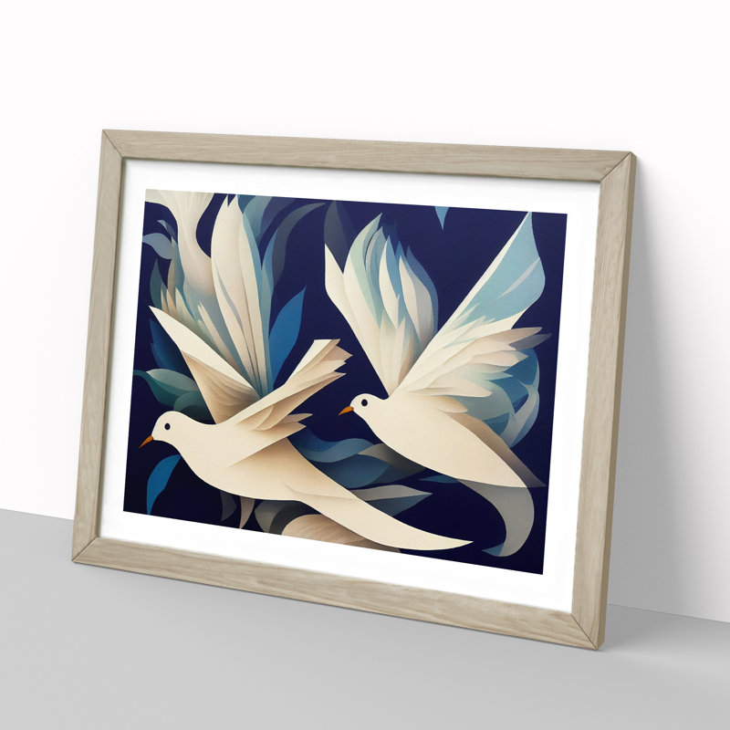 Handsome Dove Birds - Single Picture Frame Painting, 34cm H x 46cm W x 2cm D, Oak