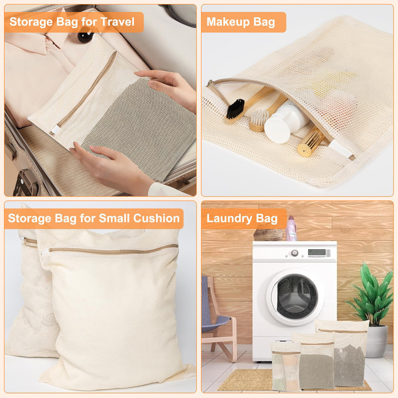 6-Piece Bag, Durable Cotton Mesh Laundry Bag, Sturdy Zipper, Breathable Mesh