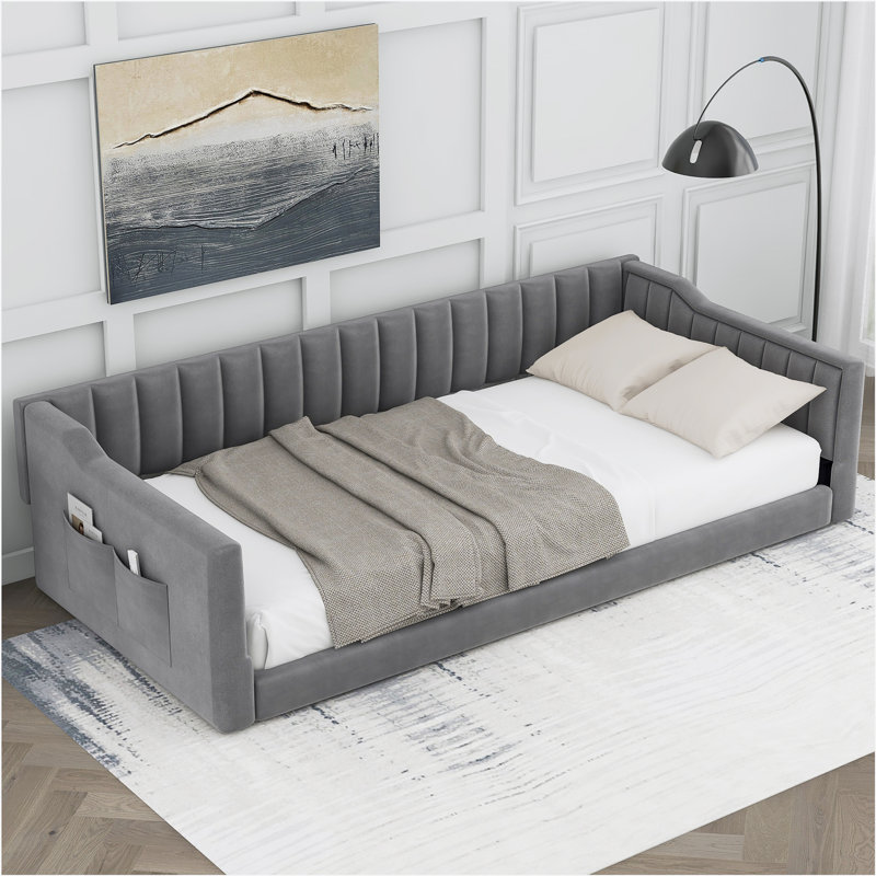 Upholstery Daybed and Side Storage pocket, Gray, Twin