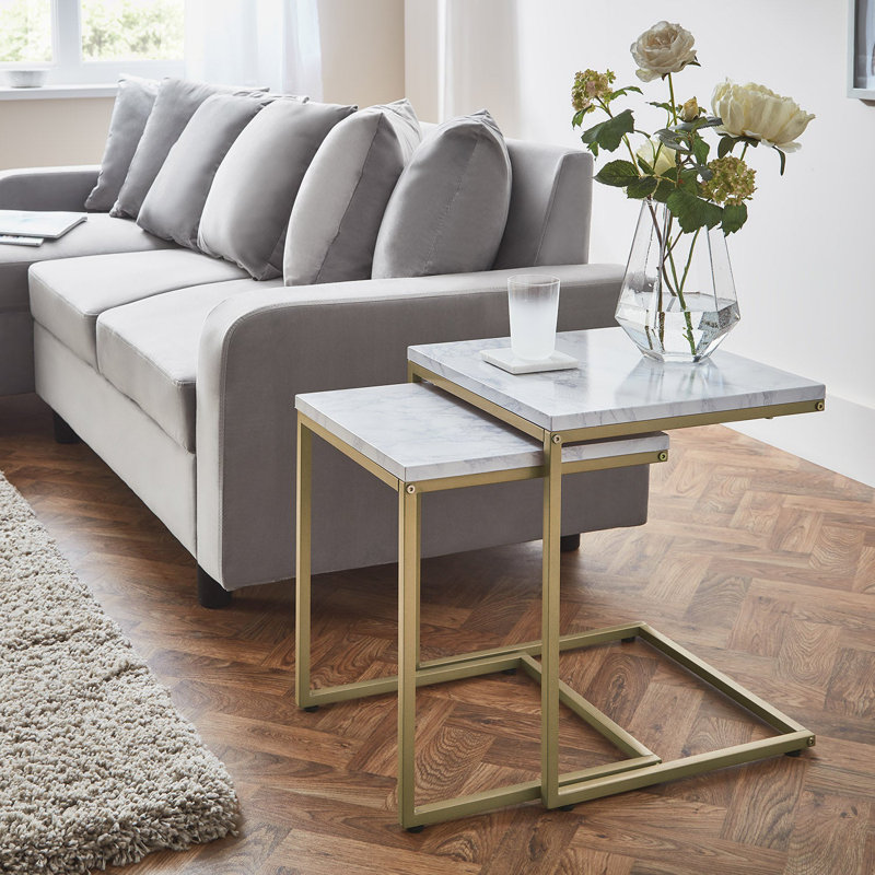 Kalyssa Frame Nesting Tables, Gold, White Marble