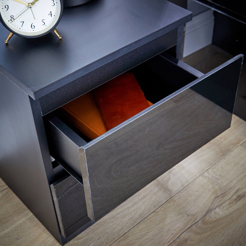 Rishin 2 Drawer High Gloss Bedside Cabinet Unit, Black