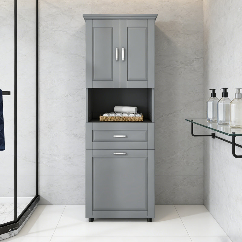 Grande armoire de salle de bain avec panier à linge intégré, grand panier inclinable et armoire de rangement supérieure, Gris