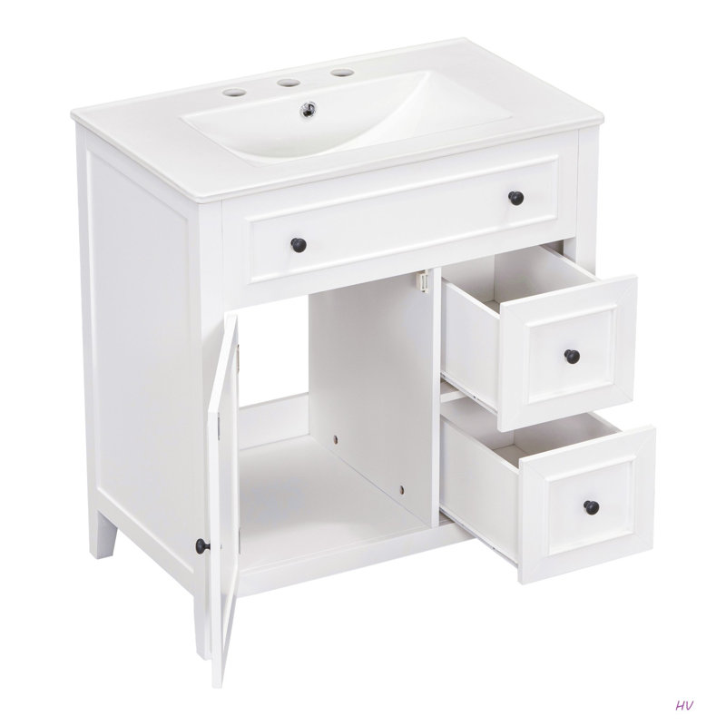 Meuble-lavabo 30 po avec comptoir, meuble-lavabo avec porte et deux tiroirs, structure en bois massif, un paquet, Blanc/Noir