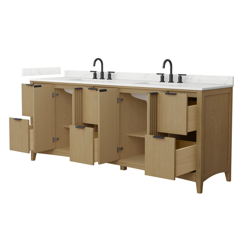 Palmilla 84" Freestanding Double Bathroom Vanity with Quartz Top, Beige, Matte Black