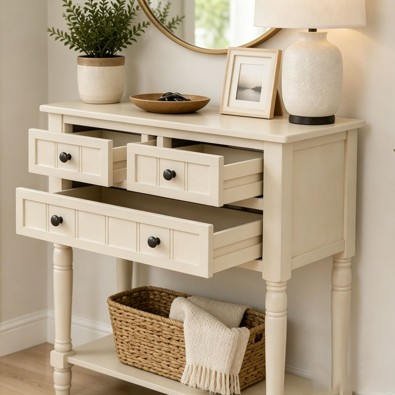 Console étroite, canapé mince avec trois tiroirs de rangement et tablette inférieure pour le salon, assemblage facile, Beige