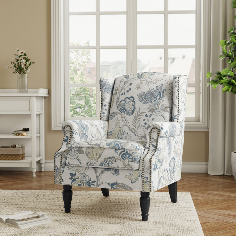 Fauteuil d'appoint à oreilles avec garniture cloutée à motif floral bleu Duward Plants, Plantes bleues
