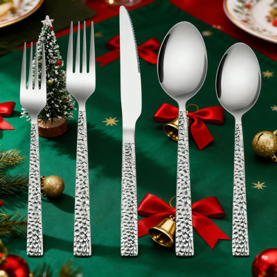 50-Piece Hammered Flatware Set For 10, Stainless Steel Square Silverware Set With Mirror Polish - Includes Dinner Forks, Spoons, Knives & Teaspoons, Dishwasher Safe Modern Cutlery