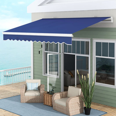 Auvent de parasol de véranda bleu foncé 13 pi x 8 pi. Et eau. Manivelle manuelle. Cadre en aluminium. Terrasse, balcon, cour. Installation multi-surfaces. Abri de soleil réglable. Réduit la chaleur. Emplacement polyvalent