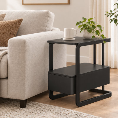 Narrow Side Table, End Table Ｗith Drawer & Shelves,Narrow Nightstand Ｗith Shelves For Living Room Bedroom,Black
