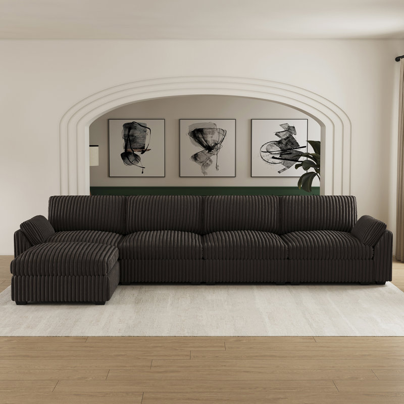 Velvet & Plush Corduroy Fabric Sofa L-Shaped Living Room Couch Large Modular Sectional Sofa With Movable Ottoman