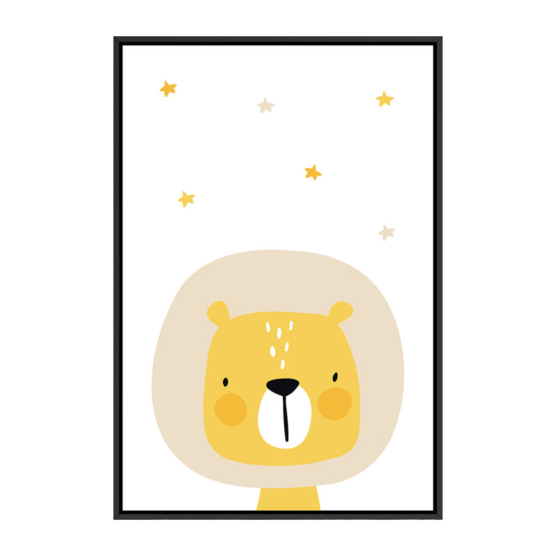 Lion avec étoiles - impression d'art graphique, H 60 po x l 40po x P 1,5 po, Toile avec cadre noir, Pas de tapis