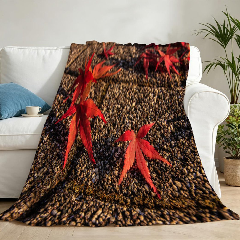 Jeté en flanelle rouge ultra doux, imprimé feuilles d'automne, Throw 50" x 60"