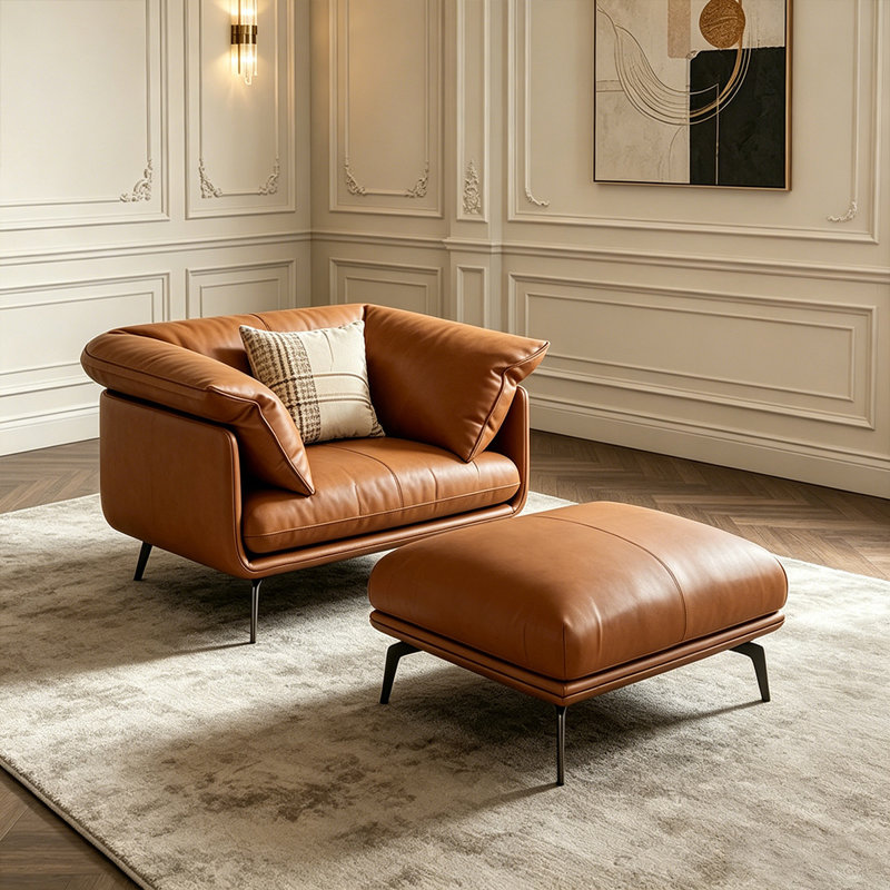 Chaise avec accoudoirs avec coussin orange en cuir véritable avec repose-pieds