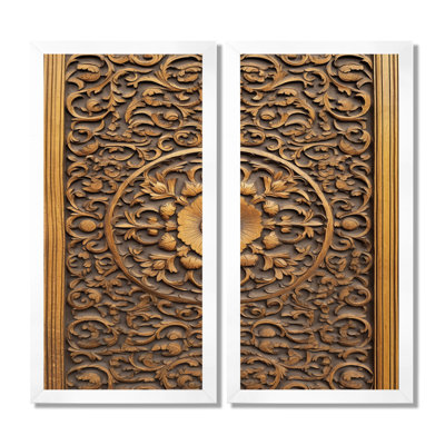 Vieille porte en bois sculpté - ensemble de 2 décorations murales de ferme florale encadrée