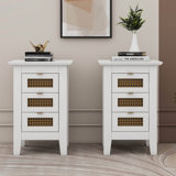 Wooden Nightstands Set Of 2 With Rattan-Woven Surfaces And Three Drawers