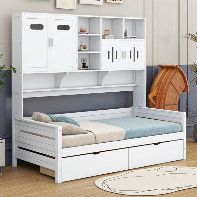 Wooden Daybed With Drawers, All-In-One Cabinet And Shelf, Twin, White