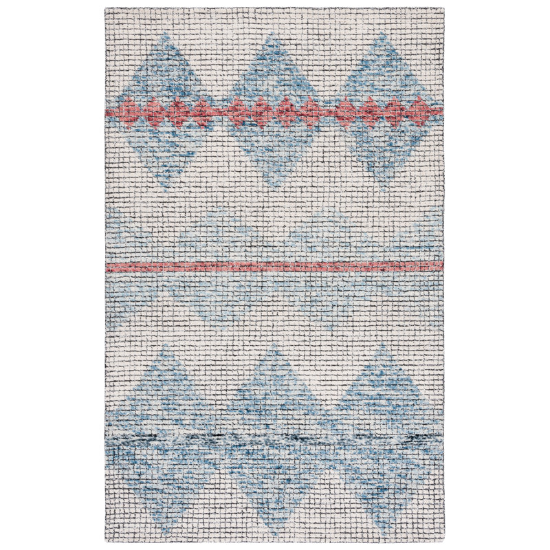 Ivory and Blue Abstract Handmade Wool 5' x 8' Area Rug