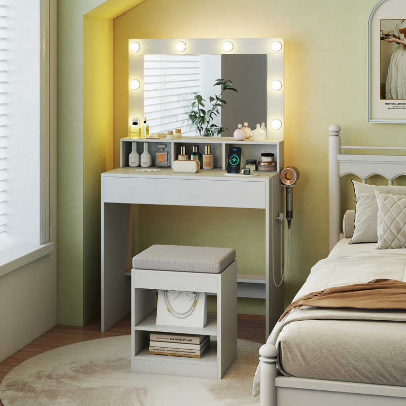 Ensemble de coiffeuse avec miroir et lumières 31,5 "petite table de maquillage pour la chambre à coucher, Blanc